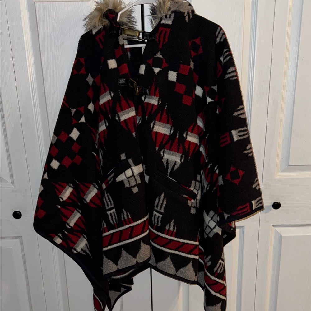 Women's Black and Red Patterned Poncho Coat
